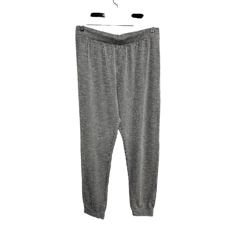 Acemi Womens Black & White Striped Elastic Waist Cropped Casual Pants Classic